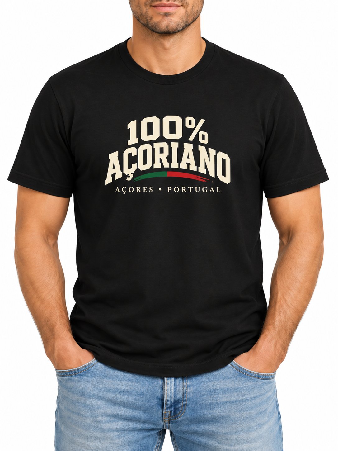 Male model wearing a black 100% Açoriano Azorean T-Shirt with white Açoriano lettering