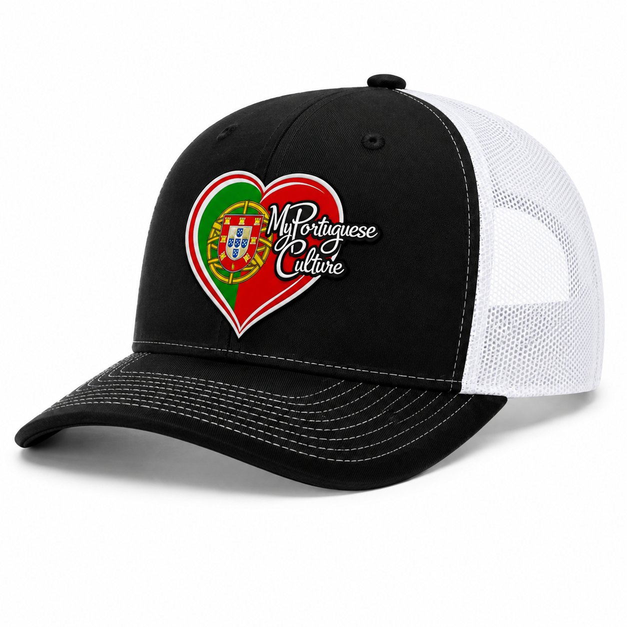 Black Portuguese snapback hat with embroidered Portuguese heart logo and white mesh back